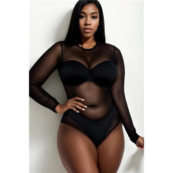 Plus Size Sexy Sheer Mesh Long Sleeve Bodysuit - Picture 1 of 6